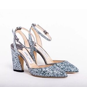 Jimmy Choo Micky 85 Coarse Glitter Ankle Block Heel Pumps Denim Mix Sz 41.5